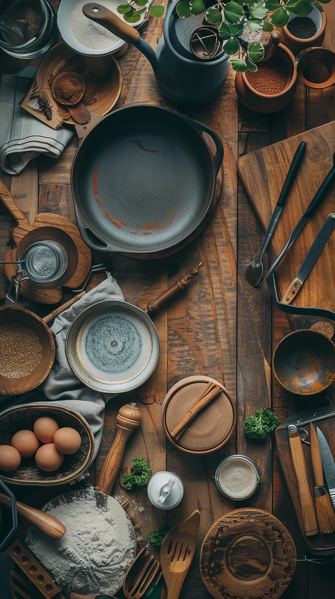 Strumenti da cucina disposti su tavolo di lavoro